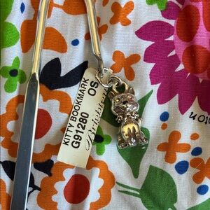 Silver Cat charm bookmark with Floral Drawstring Pouch